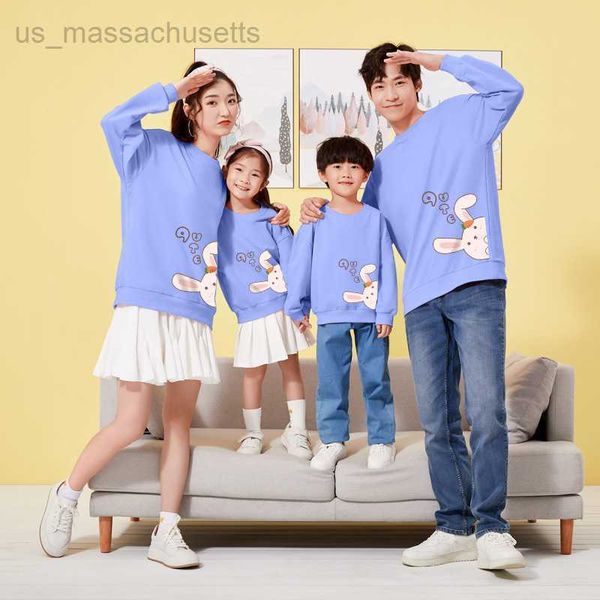 

family matching outfits lemond autumn 2022 parent child dress autumn dress guards round neck casual little rabbit print a family of three l2, Blue