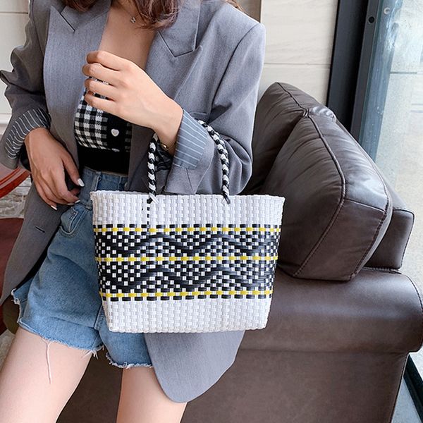 

evening bags plastic woven women's handbag handmade bohemia storage basket contrast tote bag designer summer beach bag female shoulder