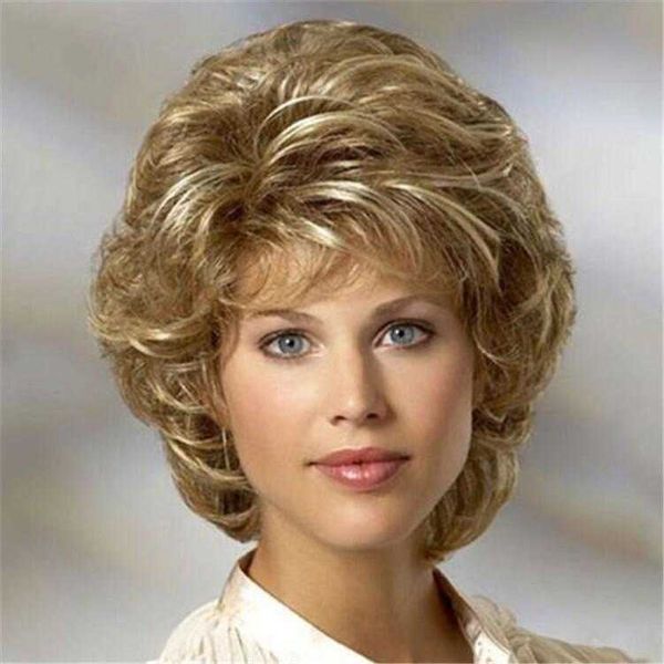 

women's wigs small short hair curly golden gradient granny, Black