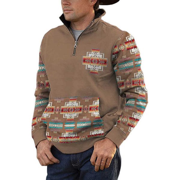 

men western aztec sweatshirt cross ethnic print patchwork zip up hoodie pullover for men s211223, Black