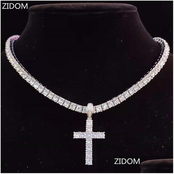 

pendant necklaces pendant necklaces men women hip hop cross necklace with 4mm zircon tennis chain iced out bling hiphop jewelry fash, Silver