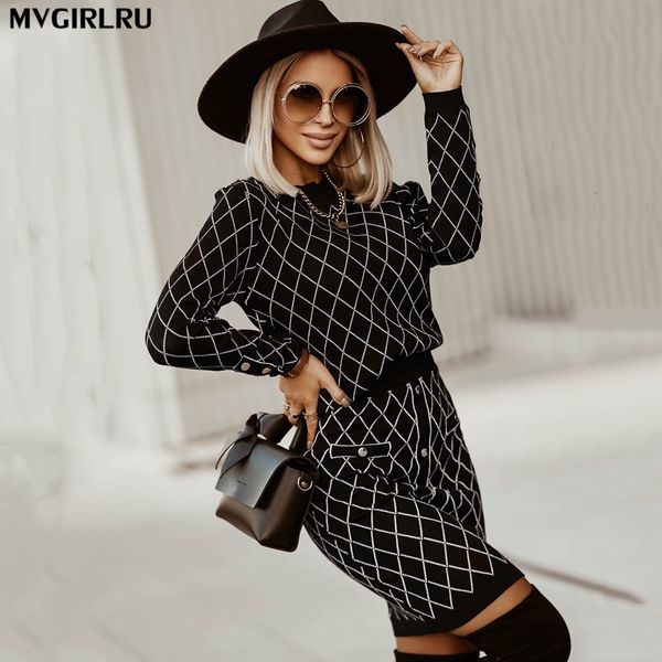 

women's knits tees mvgirlru knitted skirt suits grid o-neck pullover sweater knitting 2 piece sets 221117, White
