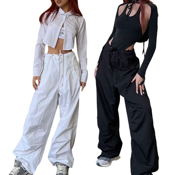 

women's pants capris womens y2k cargo pants drawstrings baggy low waist loose jogger harajuku parachute pant causal vintage streetwear, Black;white