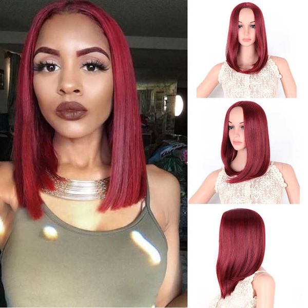 

women's wigs fashion wine red micro roll inner buckle medium long straight hair chemical fiber head cover, Black