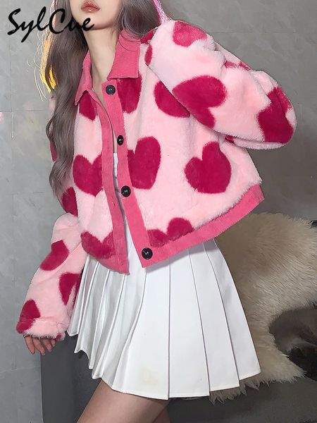 

women's jackets sylcue pink girl youth cute all-match love contrast woolen loose comfortable and supple short coat button 221118, Black;brown