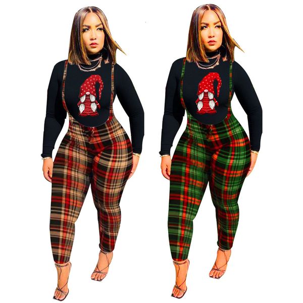 

women s two piece pants echoine autumn women o neck print long sleeve checked slacks suspenders 2 pieces set fashion temperament casual outf, White