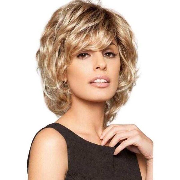 

women's wigs star gradient mixed color short hair blonde curly, Black
