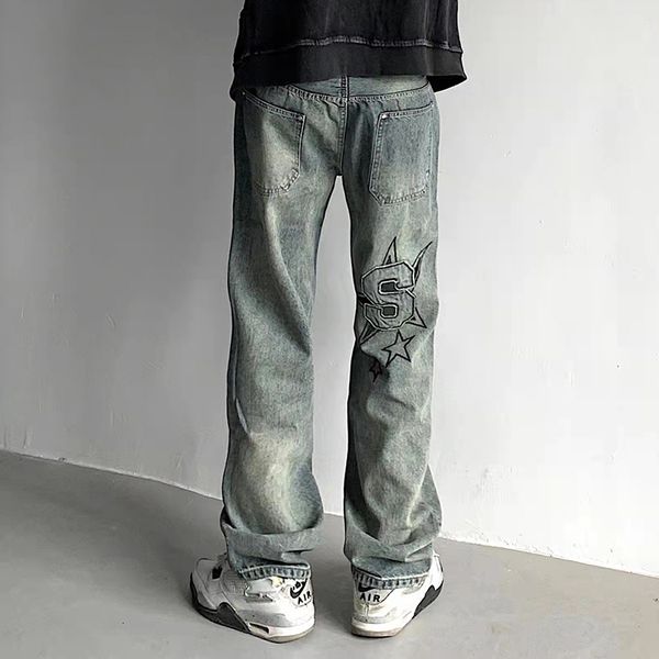 

men's jeans high street letter stars embroidery ripped retro mens denim trousers washed straight oversized loose harajuku jeans pants 2, Blue