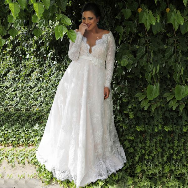

lace wedding dresses plus size vestido de novia v-neck long sleeves illusion lace wedding dress for bride, White