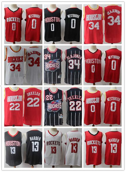 

basketball jerseys houston''rockets''men jersey hakeem 34 olajuwon clyde 13 james harden 0 russell westbrook 22 drexler, Black;red