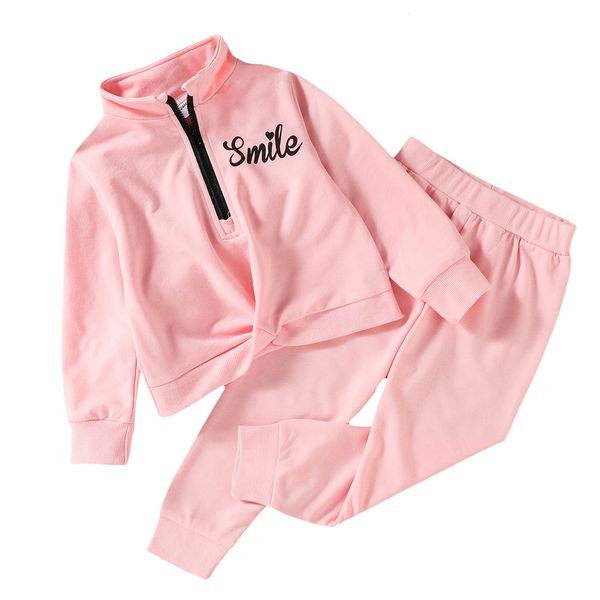 

clothing sets 2 pcs toddler casual outfits girls letter pattern long sleeve stand collar sweatshirt solid color pants 18m 6t 221118, White
