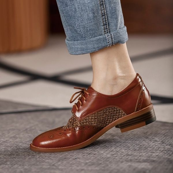 

dress shoe oxford flats spring autumn for woman genuine leather brogues vintage lace up loafers casual weave black girls shoes 221118
