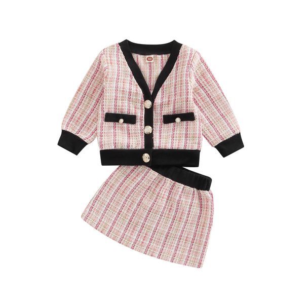 

clothing sets kids infant baby girl summer outfit elegant plaid long sleeves button up cardigan and casual skirt 2pcs set 6m 4t 221118, White