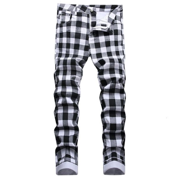 

mens jeans black and white plaid printed fashion check digital print slim straight pants stretch trousers 221118, Blue
