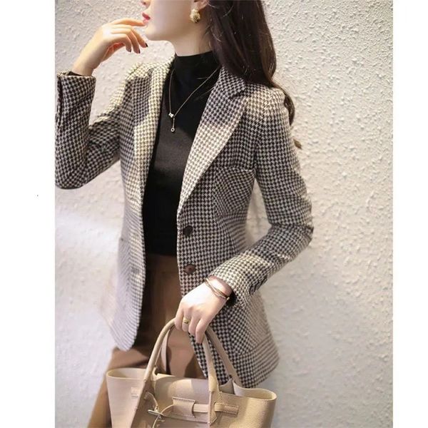 

women's suits blazers houndstooth woolen jacket mid-long slim temperament jackets female biazer femme elegant mujer blousers 790 221117, White;black