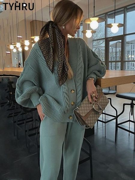 

womens two piece pants tyhru women knitting 2pieces sweater suit hemp flower vneck singlebreasted cardigan lady winter set 221117, White