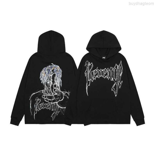

hoodie for men reveal cotton venge designer brand autumn winter 2022 fashion hand-painted sketch chalk portrait printing hooded sweater pull, Black