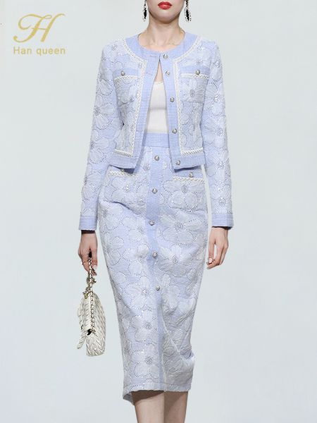 

two piece dress h han queen korean tweed woman embroidery 2 pieces set single breasted vintage pencil skirt simple professional suit 221118, White