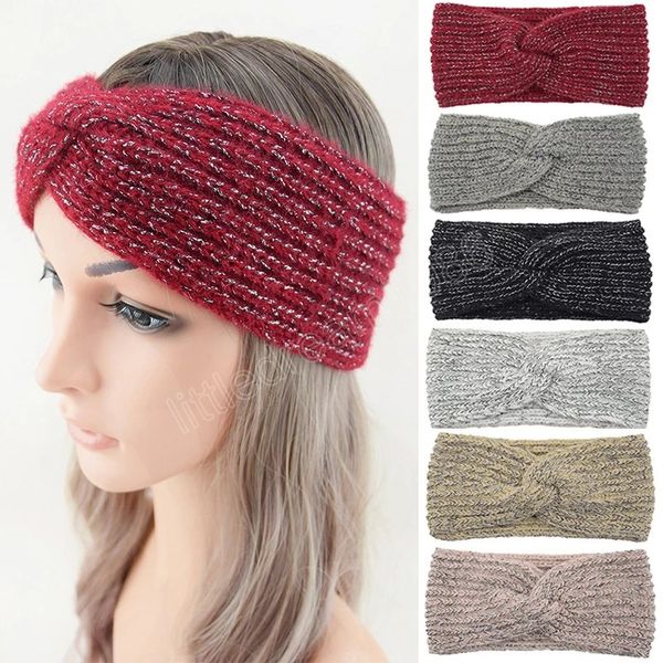 

winter wool knitted headband cross hair band women ear warmer handmade crochet hairbands woolen turban hair accessories, Silver
