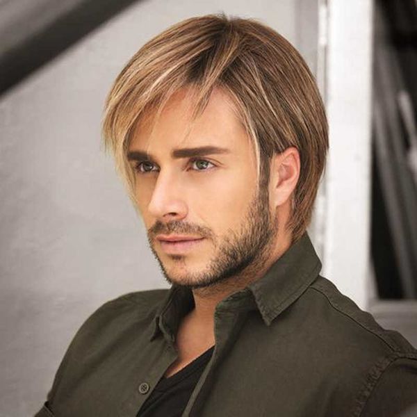 

women's wigs men's short straight hair golden brown oblique bangs, Black