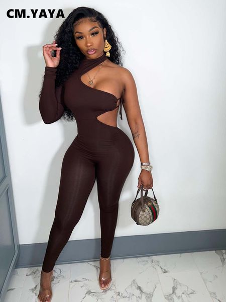 

womens jumpsuits rompers cmyaya women party club tie up open side one shoulder long sleeve jumpsuit skinny solid piece overall set outfits 2, Black;white
