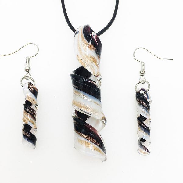 

1pcs murano glass screw pendant necklace earrings set for women chinese style handmade black whirlwind pattern sands personality, Silver