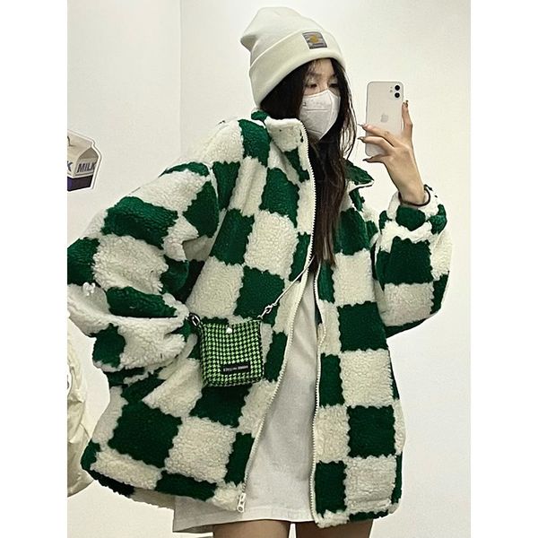 

women's jackets green and white checkerboard jacket female pattern standup collar winter thickened zipper fashion retro korean 221118, Black;brown