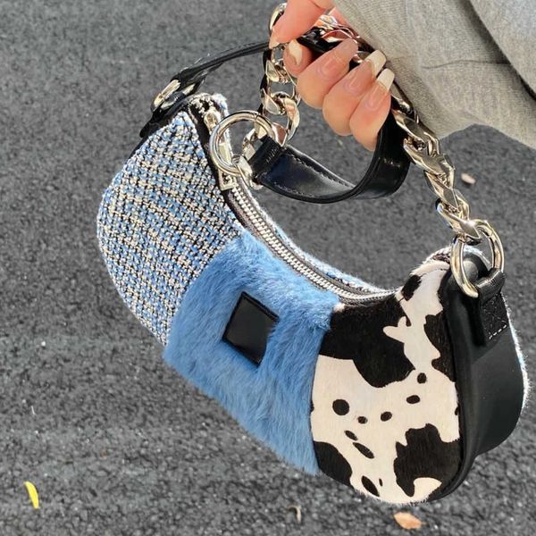 

womens bags patchwork plush handbag y2k retro chain cross body shoulder bag ladies tote wallet crescent messenger