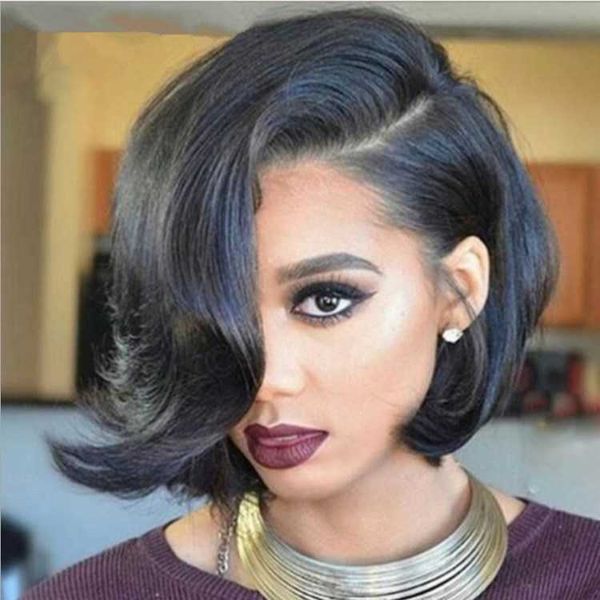 

women's wigs partial bangs ffy scalp bobo head short straight hair, Black