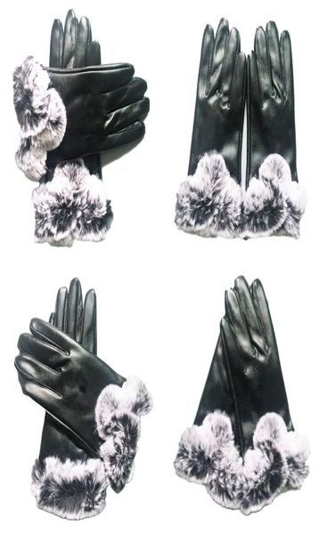 

leather gloves and wool designer touch screen rabbit hair cold resistant warm womens mittens sheepskin fingers4967434, Blue;gray
