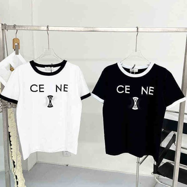 

spring and summer new capsule series ce letter printing black and white color matching round neck casual couple fashion brand short