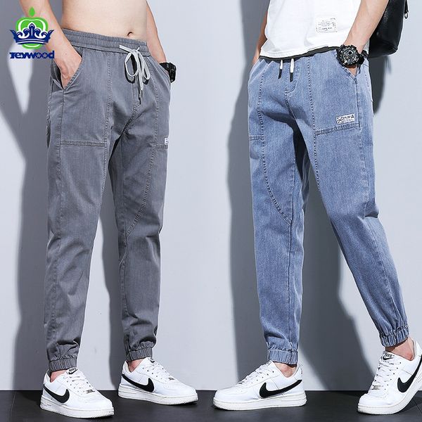

mens jeans summer jogger thin harem pants cotton banded pant korea style light blue hip hop beam feet casual trousers male 221118