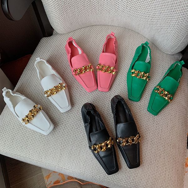 

dress shoes black white green pink women flats metal chain shallow slip on casual slides heeled loafers spring autumn mule 221118