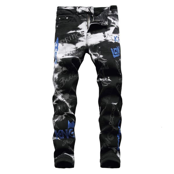 

men's jeans men's letters embroidery black stretch denim jeans embroidered pencil pants trousers 221118, Blue