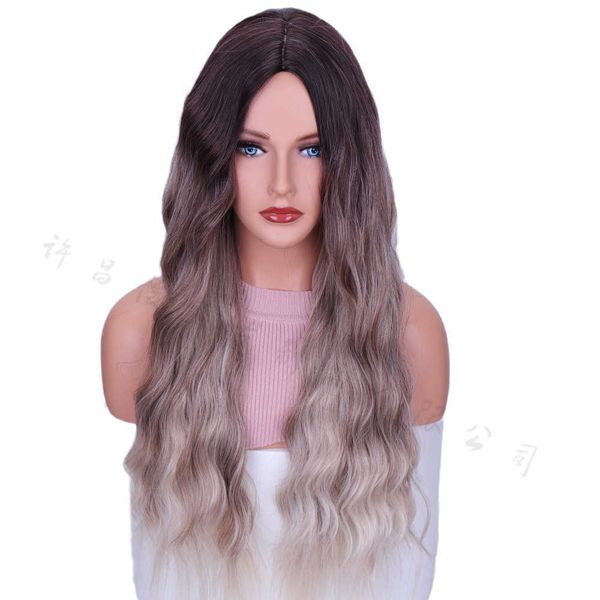 

women's wigs long wave curly hair brown gold deep root dyed female headband, Black