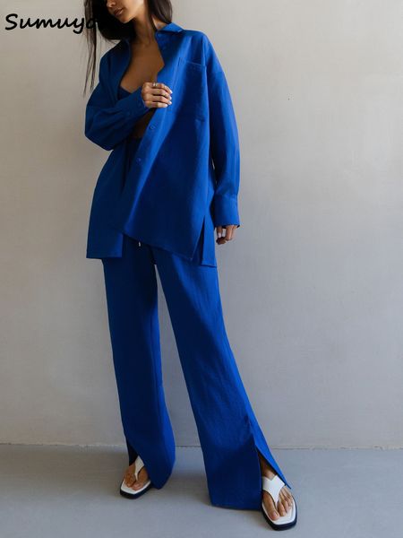 

womens two piece pants sumuyoo women loose shirt sets summer auntumn bamboo joint cotton wide leg side split 2 s 221117, White