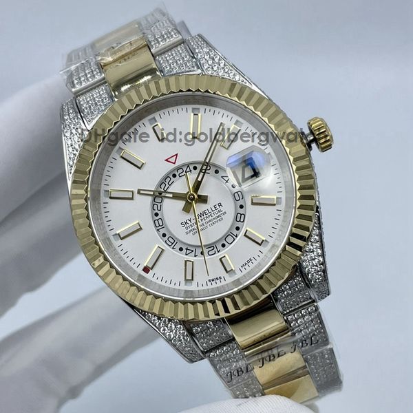 

fashion business luxury gold mens watch sky 326934 326933 ice out watch white dial automatic movement 904l stainless steel sapphire glass su, Slivery;brown