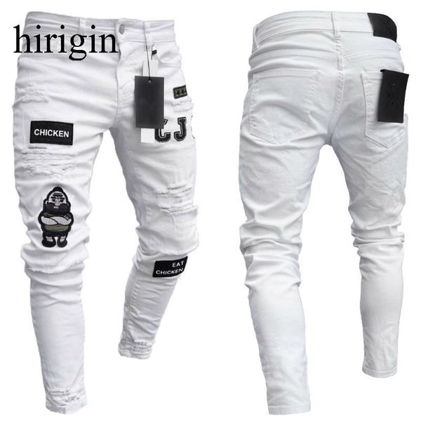 

mens jeans men stretchy ripped skinny biker embroidery print destroyed hole taped slim fit denim scratched jean 3 styles 221118, Blue