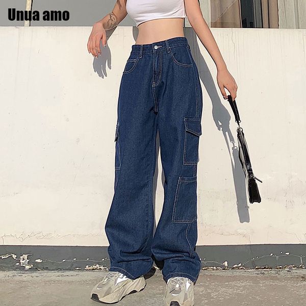 

womens jeans unua amo vintage high waist baggy streetwear multipocket cargo pants denim straight trousers casual 221118, Blue