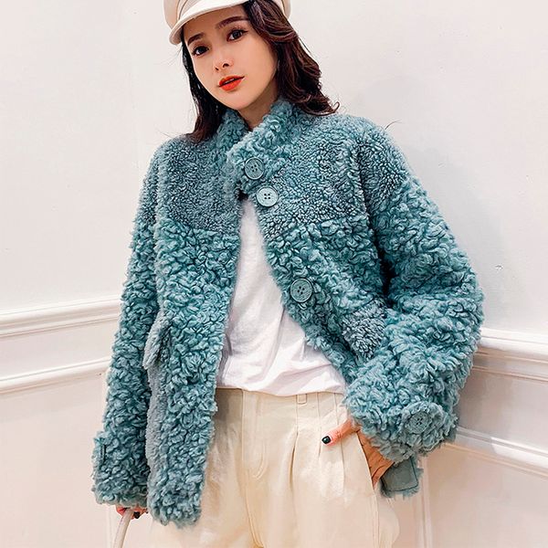 

women's fur faux furyoume autumn winter women real coat 100% wool jacket turn-down collar thick warm outerwear fashion luxury streetwea, Black