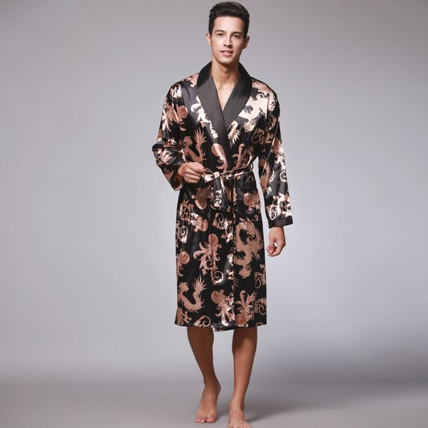 

men's sleepwear men's summer silk pajamas printing nightgown laceup midlength bathrobe long sleeve bathrobes sleepwear loungewear, Black;brown