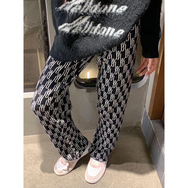 

women's pants capris we11done spring and autumn full print wool knit casual pants fashion casual straight trousers 221117, Black;white