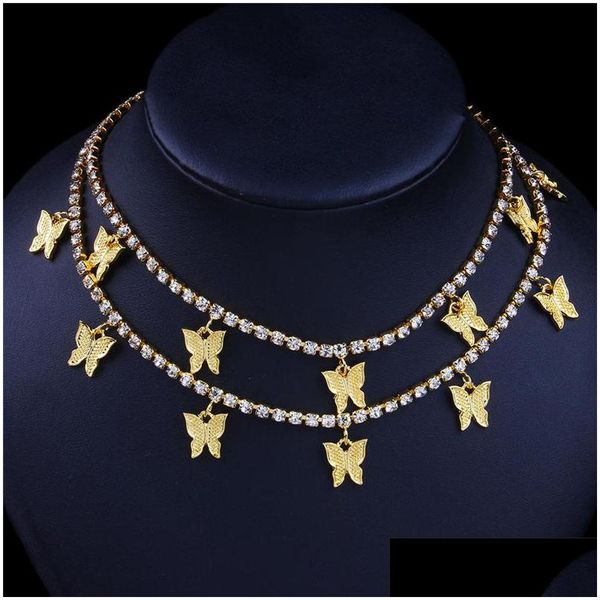 

pendant necklaces butterfly choker necklaces gold sier 2 layers designer animal pendant iced out chain fashion rhinestone hip hop bl dhgzd, Silver