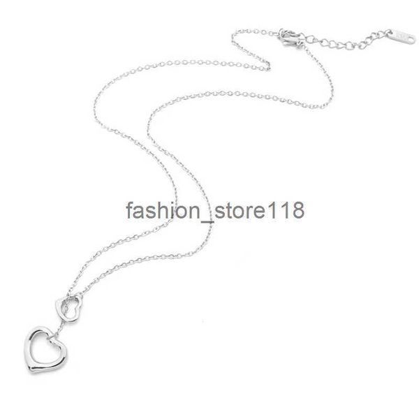 

simple fashion hollow out double heart pendant necklace classic t letter brand men&women necklace couple luxury stainless steel necklaces de, Silver