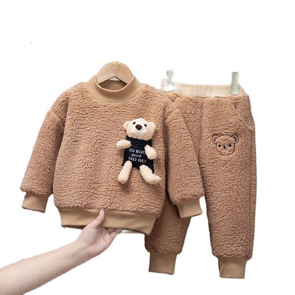 

clothing sets autumn winter kids baby boy set clothes cartoon bear warm thick plush pullover pant children sports girl suit 2 6y 221118, White