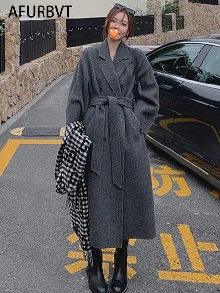 

women's wool blends french lazy style warm female fresh winter classical belt retro loose women woolen coats chic casual long coat long, Black