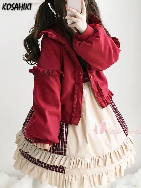 

women s jackets kosahiki lolita cute jacket women japanese sweet ruffles kawaii coat thicked warm cropped hooded chaqueta mujer 221118, Black;brown