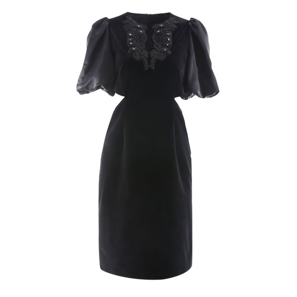 

high-quality velvet stitching hollow out waist party dress, Black