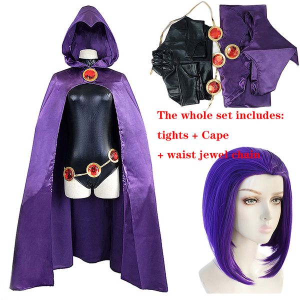 

anime costumes teen titans raven cosplay costume superhero cloak jumpsuits zentai halloween tight clothes cape waist jewelry chain 221118, Black