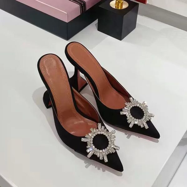 

fashion slippers satin womens sandals five star drill thread crystal-embellished buckle women shoes luxury designermiddle heel sandal, Black